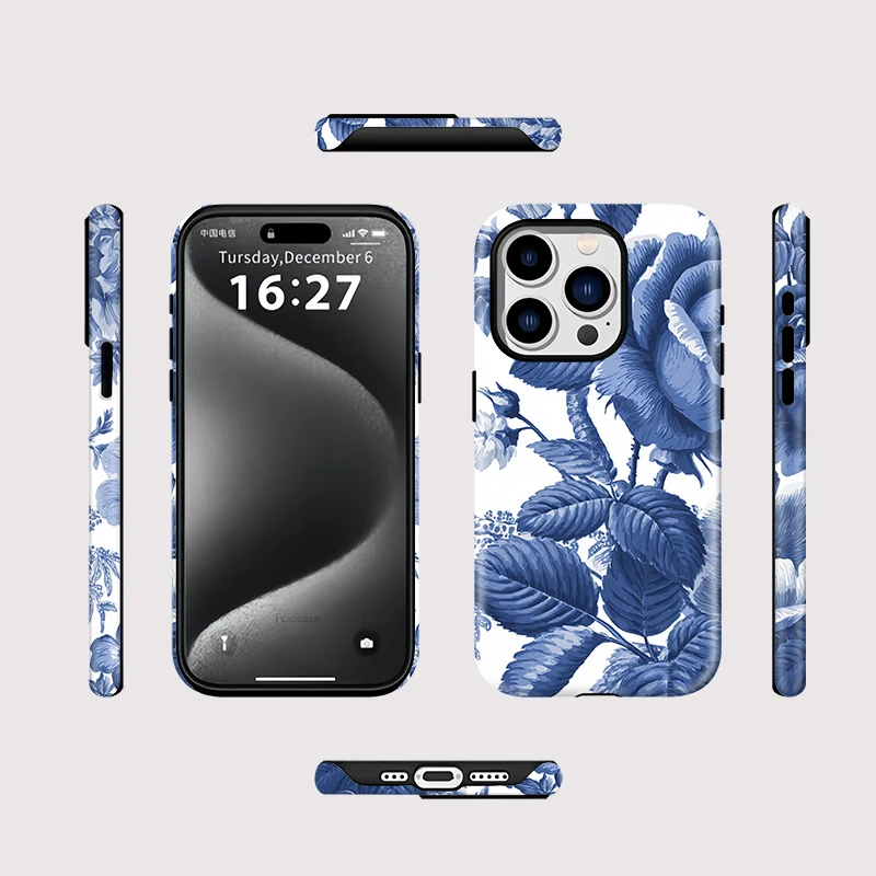 Blue Flower Print Magnetic Charger Case iPhone 15 Plus - View 2